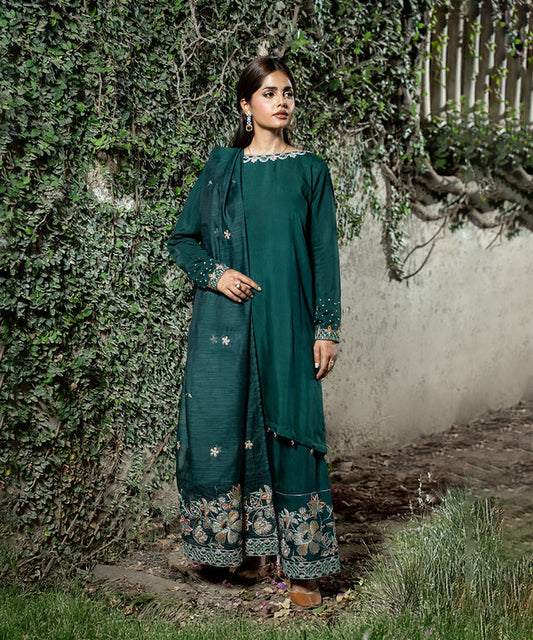 30% OFF  3PC - Embroidered Viscose Suit With Farshi Shalwar